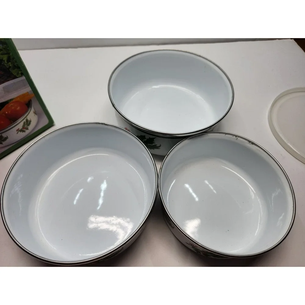 Vintage Christmas Porcelain Enamel On Steel Holly Berry Nesting Bowls Containers